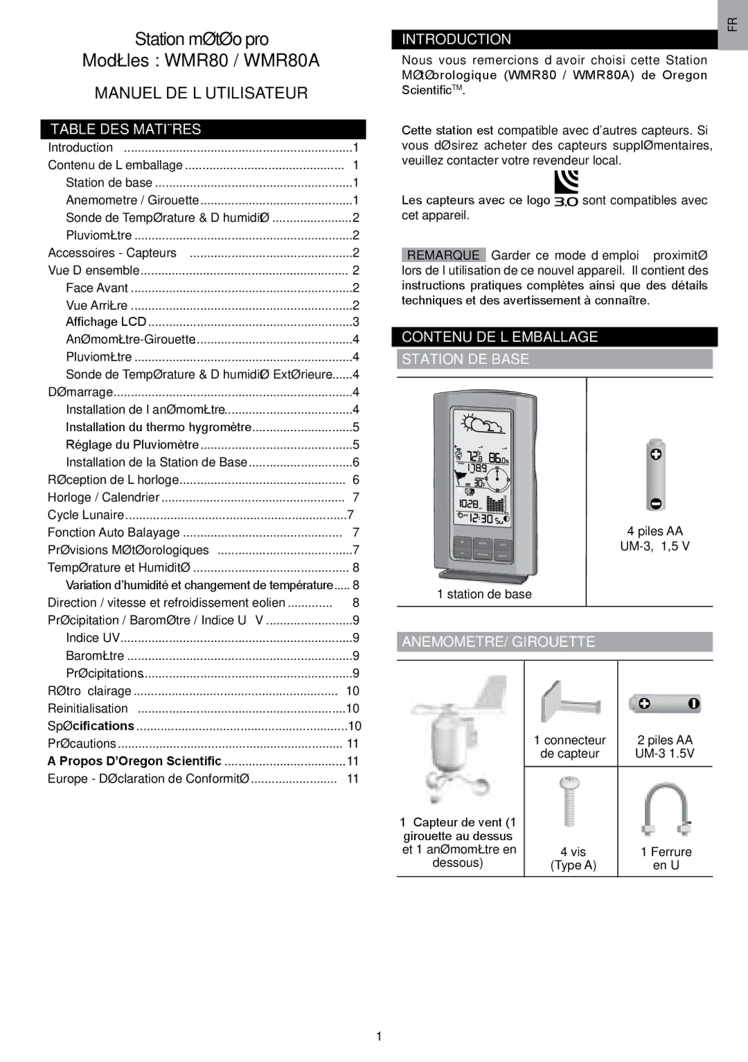 Oregon Scientific WMR80A user manual Table DES Matières, Contenu DE L’EMBALLAGE Station DE Base, ANEMOMETRE/ Girouette 