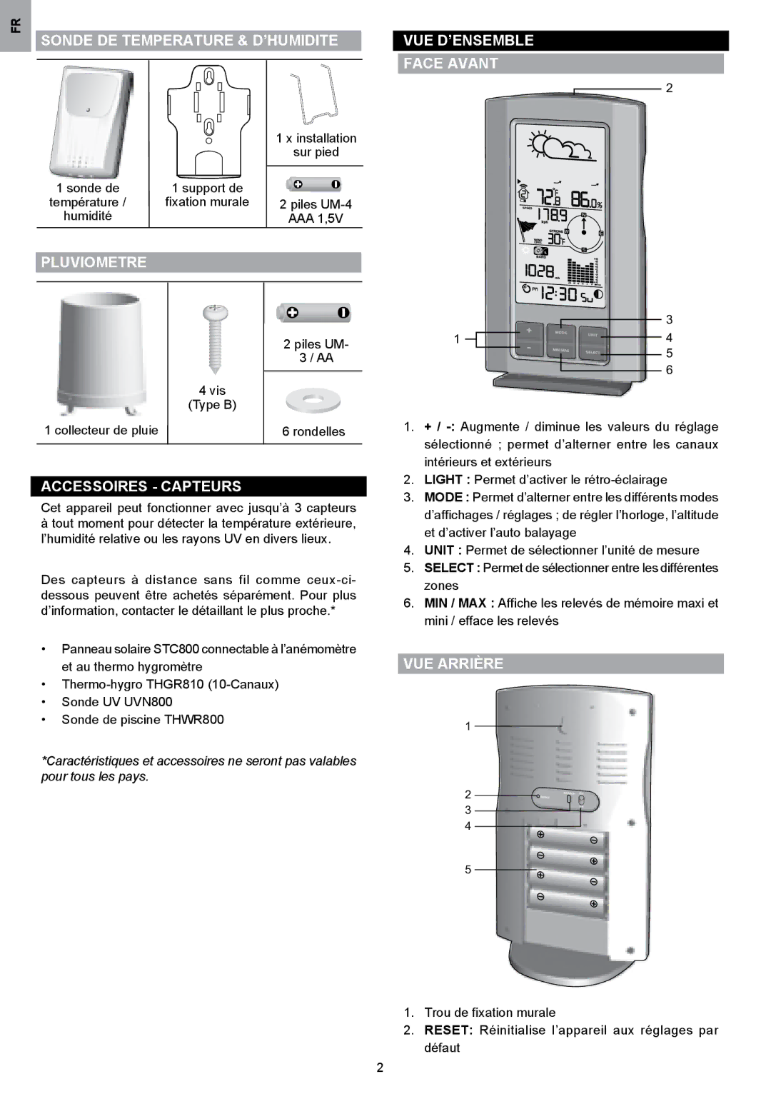 Oregon Scientific WMR80A user manual FR Sonde DE Temperature & D’HUMIDITE, Pluviometre, Accessoires Capteurs, VUE Arrière 