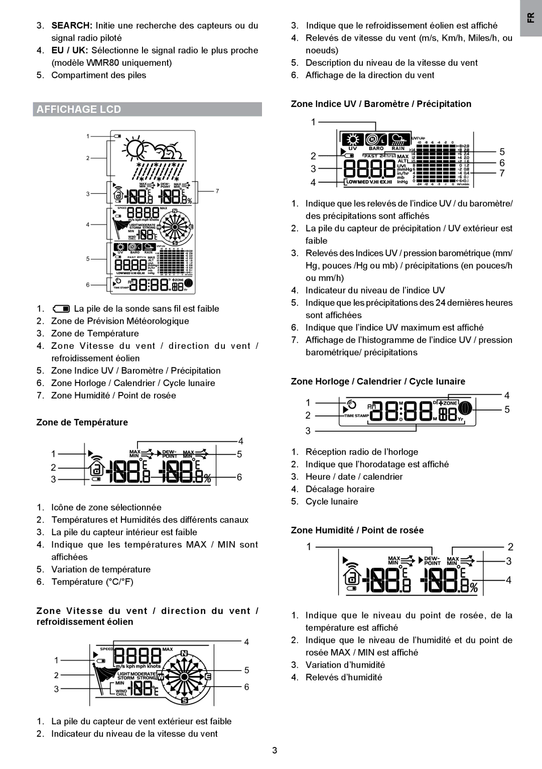 Oregon Scientific WMR80A user manual Affichage LCD, Zone de Température, Zone Indice UV / Baromètre / Précipitation 