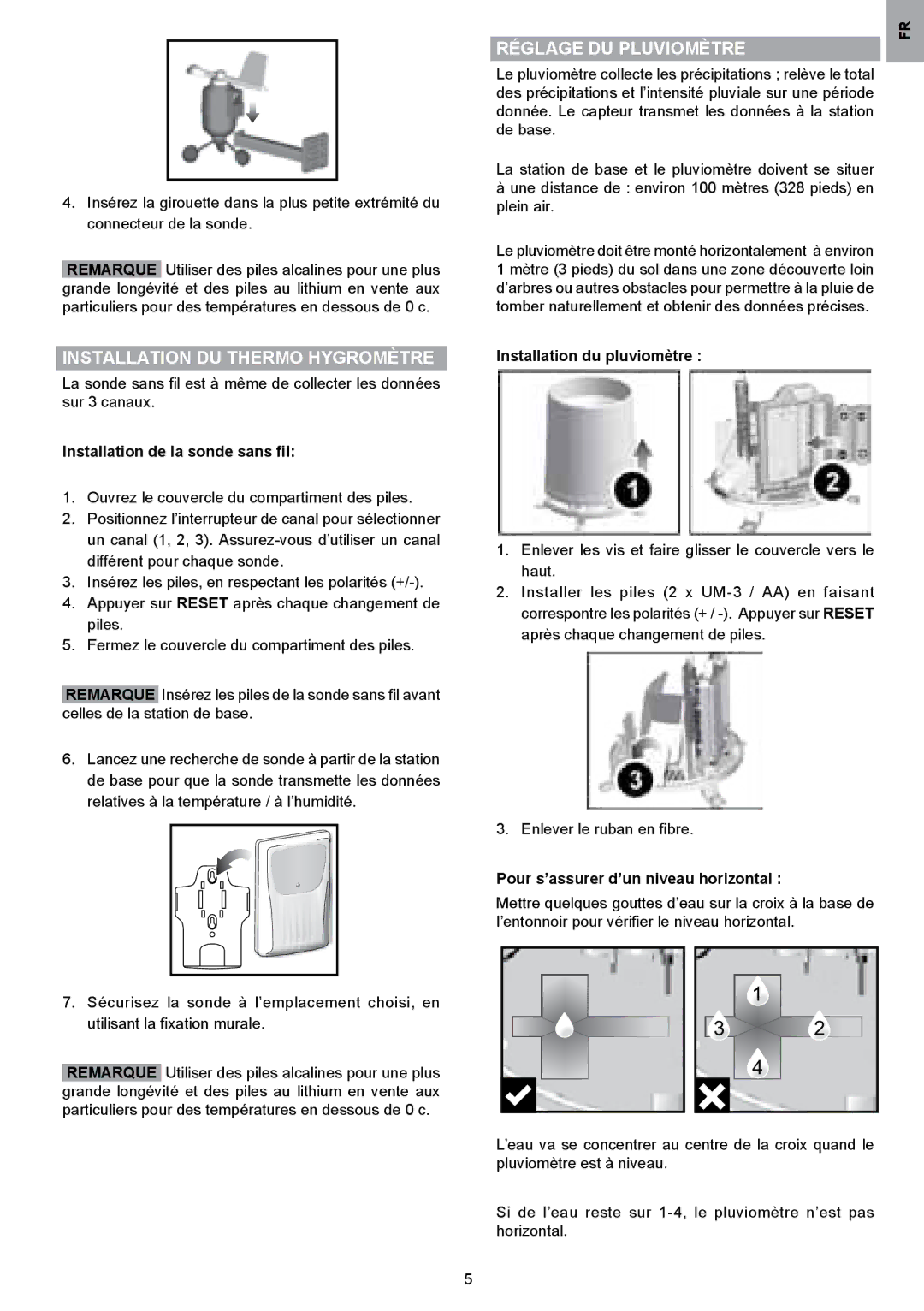 Oregon Scientific WMR80 Installation DU Thermo Hygromètre, Installation de la sonde sans ﬁl, Installation du pluviomètre 