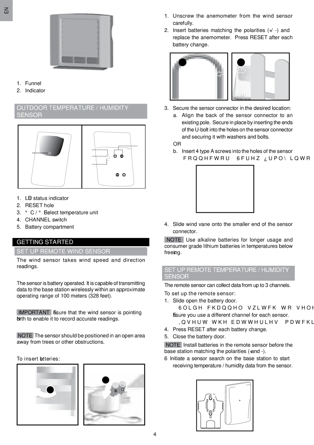 Oregon Scientific WMR80A user manual Outdoor Temperature / Humidity Sensor, Getting Started SET UP Remote Wind Sensor 