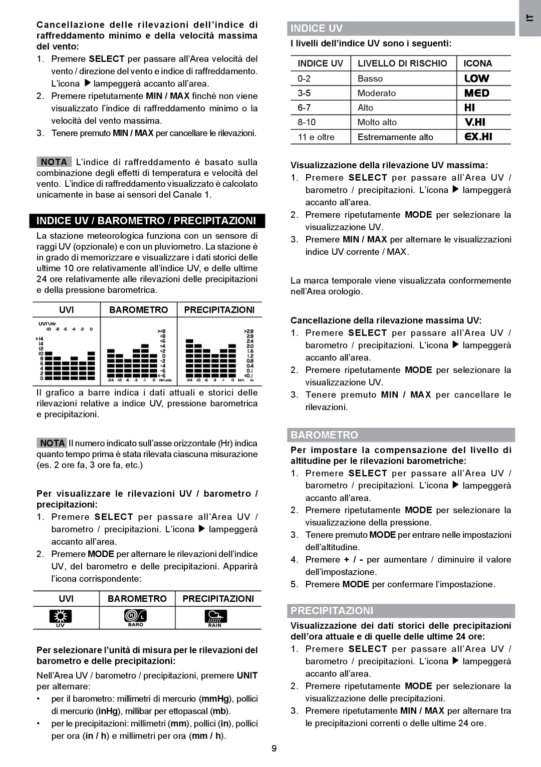 Oregon Scientific WMR80A user manual Indice UV / Barometro / Precipitazioni, UVI Barometro Precipitazioni 