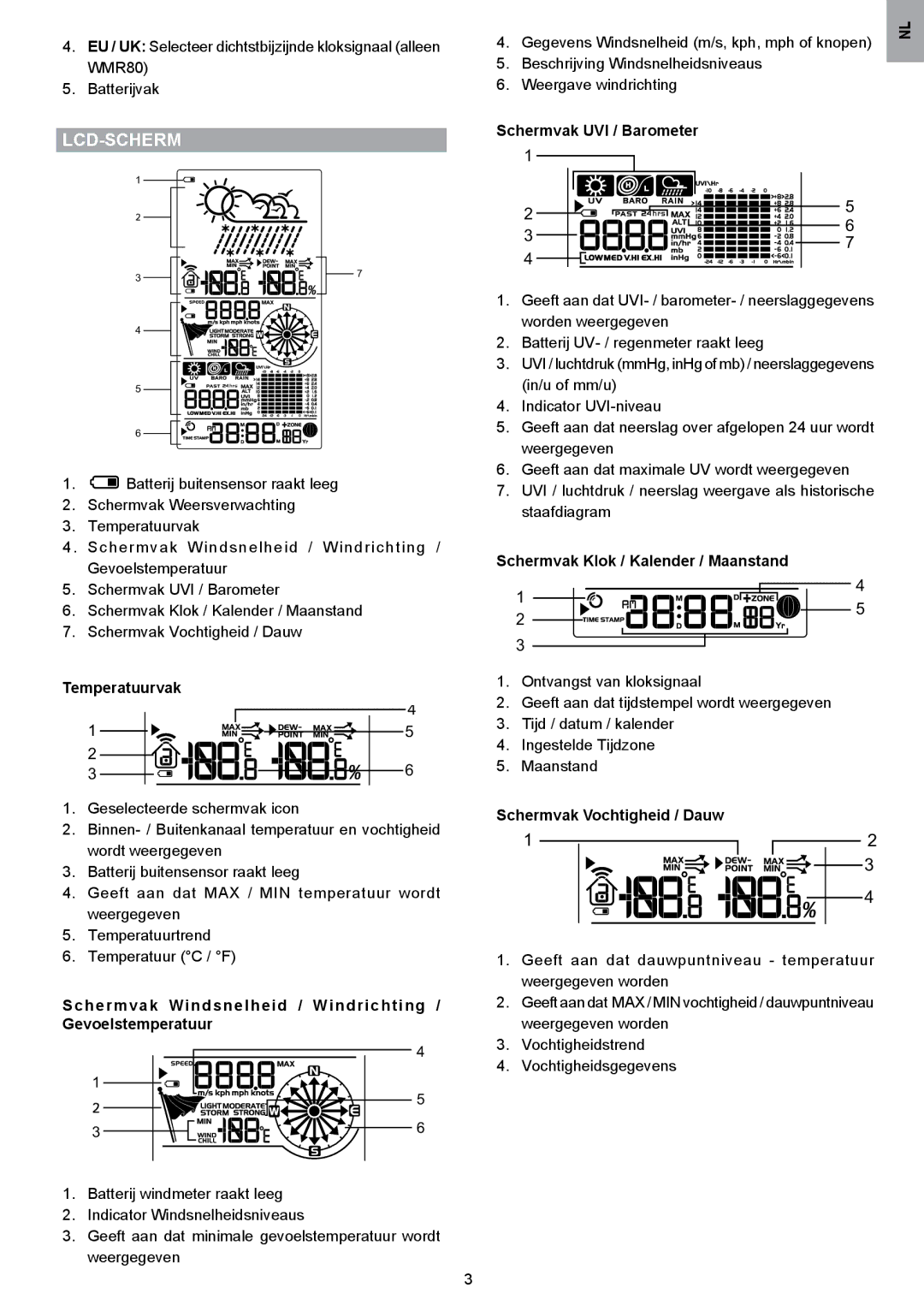 Oregon Scientific WMR80A user manual Lcd-Scherm 