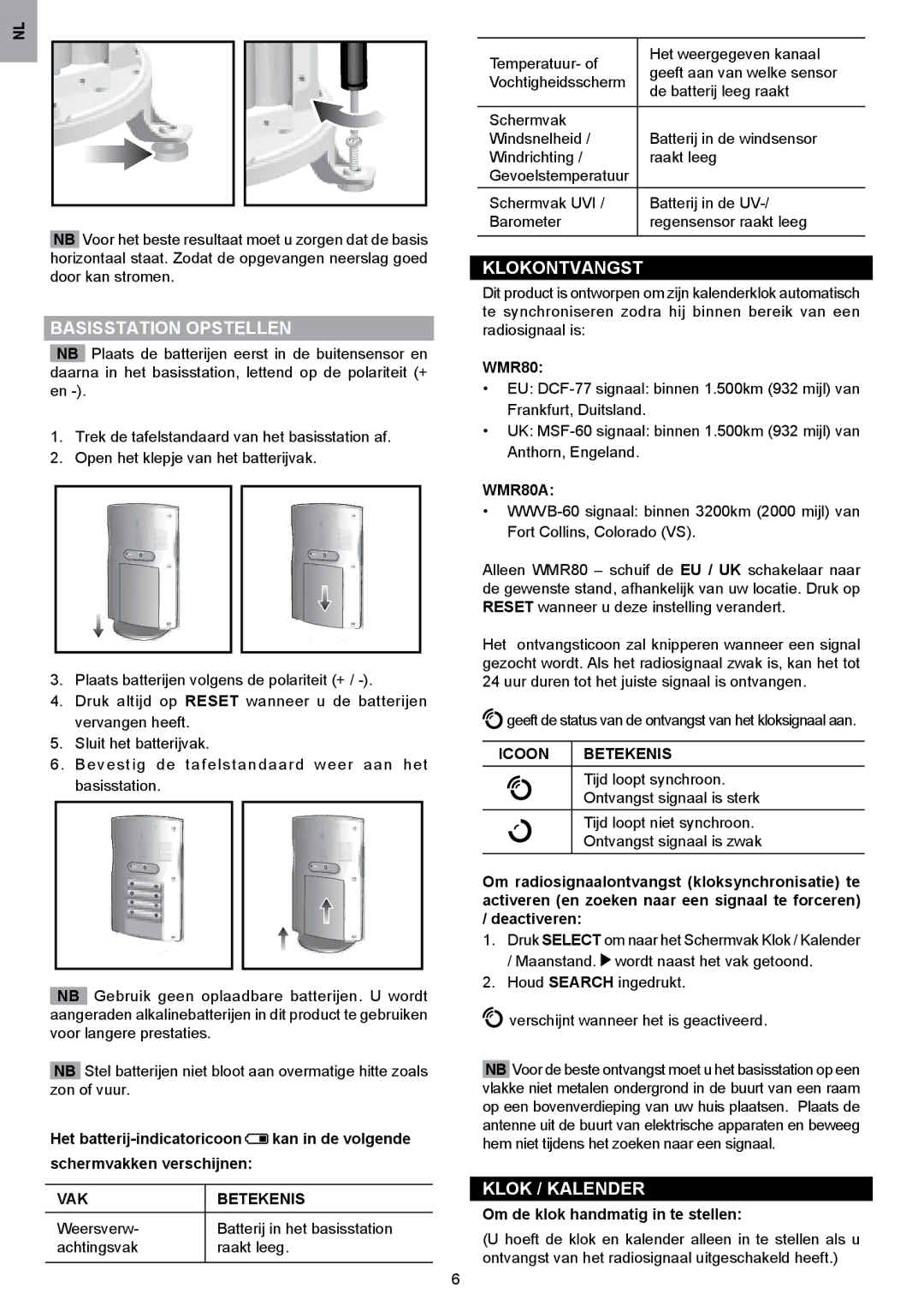 Oregon Scientific WMR80A user manual Basisstation Opstellen, Klokontvangst, Klok / Kalender, VAK Betekenis, Icoon Betekenis 