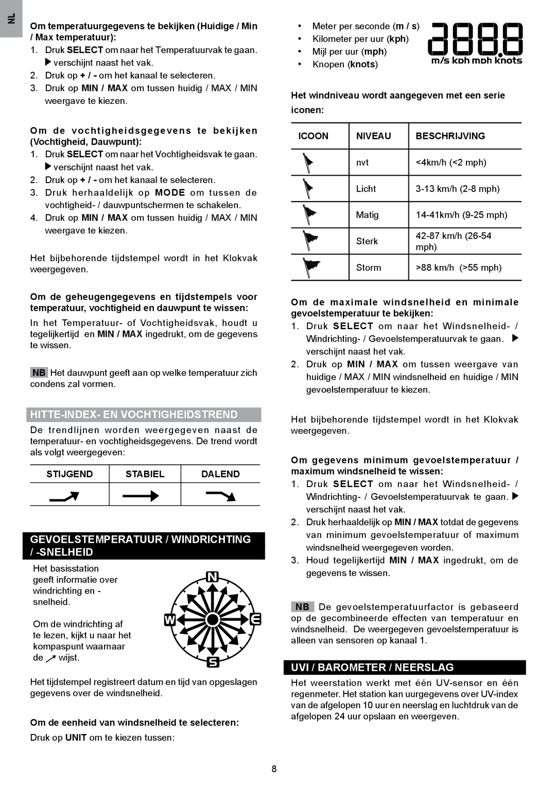 Oregon Scientific WMR80A user manual HITTE-INDEX- EN Vochtigheidstrend, Gevoelstemperatuur / Windrichting Snelheid 