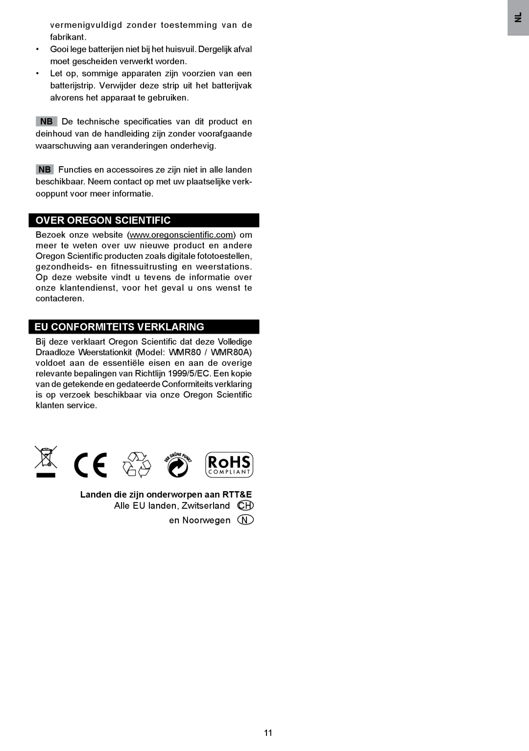 Oregon Scientific WMR80A Over Oregon Scientific EU Conformiteits Verklaring, Landen die zijn onderworpen aan RTT&E 