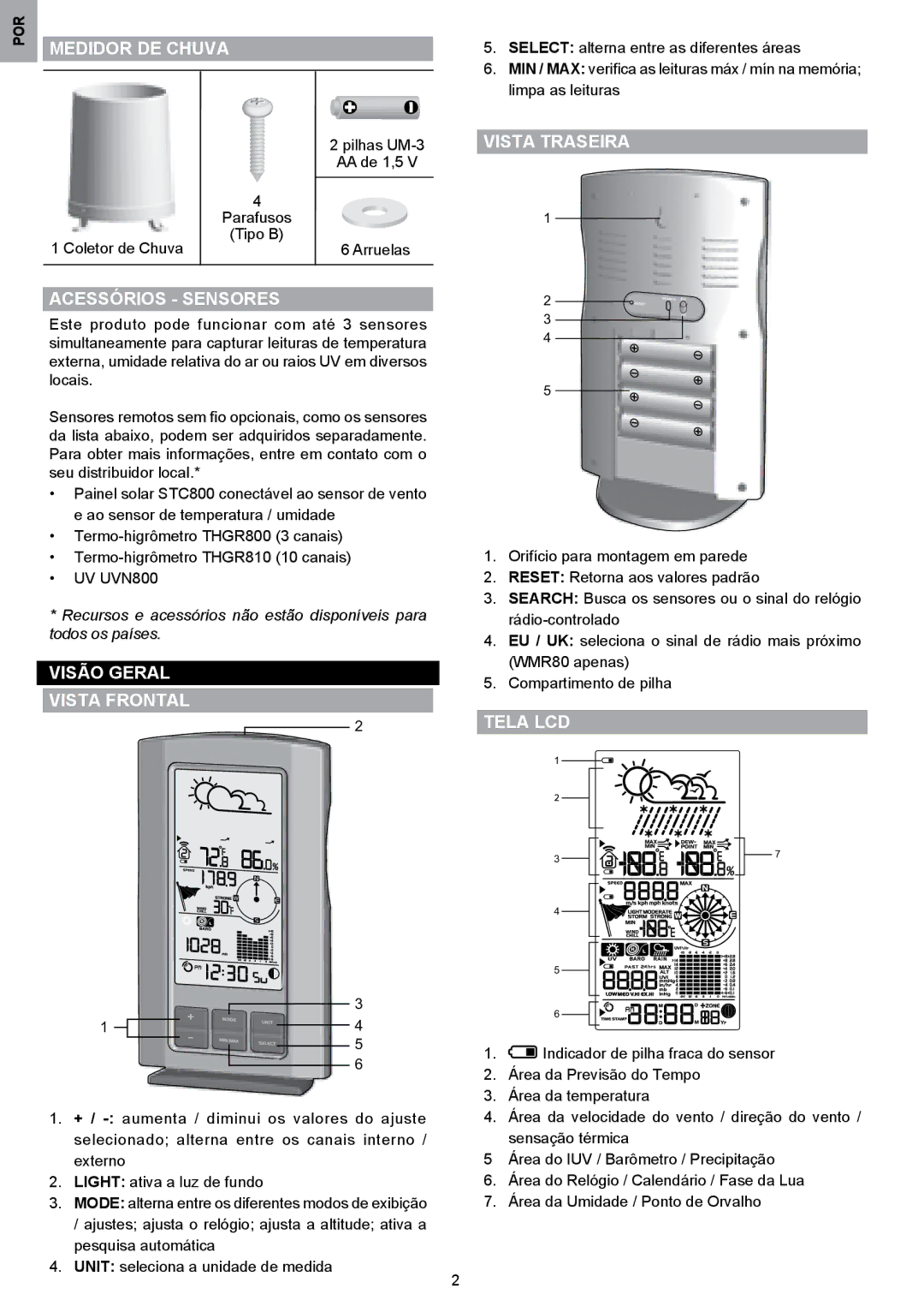 Oregon Scientific WMR80A Medidor DE Chuva, Acessórios Sensores, Visão Geral Vista Frontal, Vista Traseira, Tela LCD 