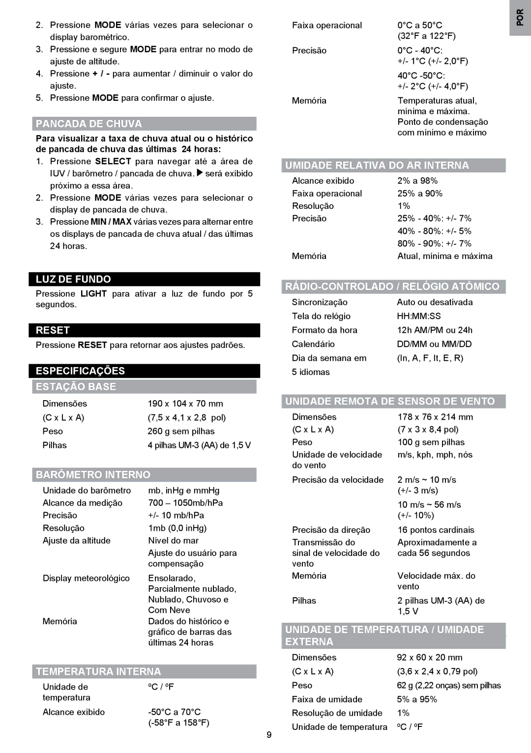 Oregon Scientific WMR80A Pancada DE Chuva, Umidade Relativa do AR Interna, LUZ DE Fundo, Especificações Estação Base 