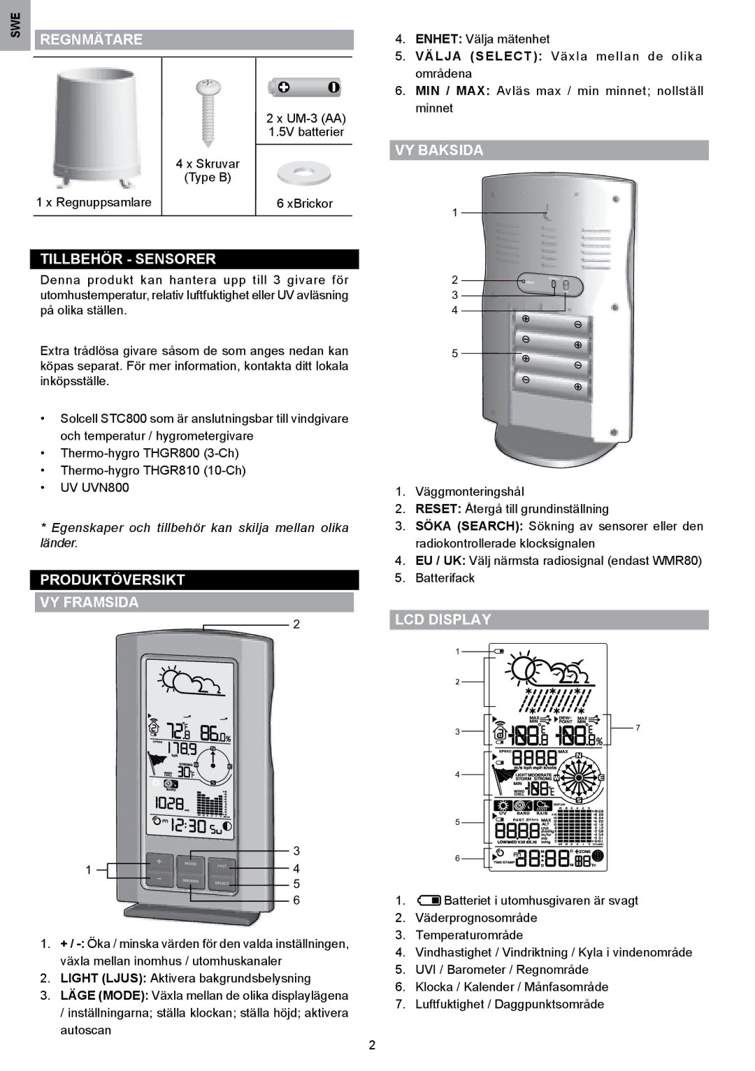 Oregon Scientific WMR80A user manual Regnmätare, Tillbehör Sensorer, Produktöversikt VY Framsida, VY Baksida 