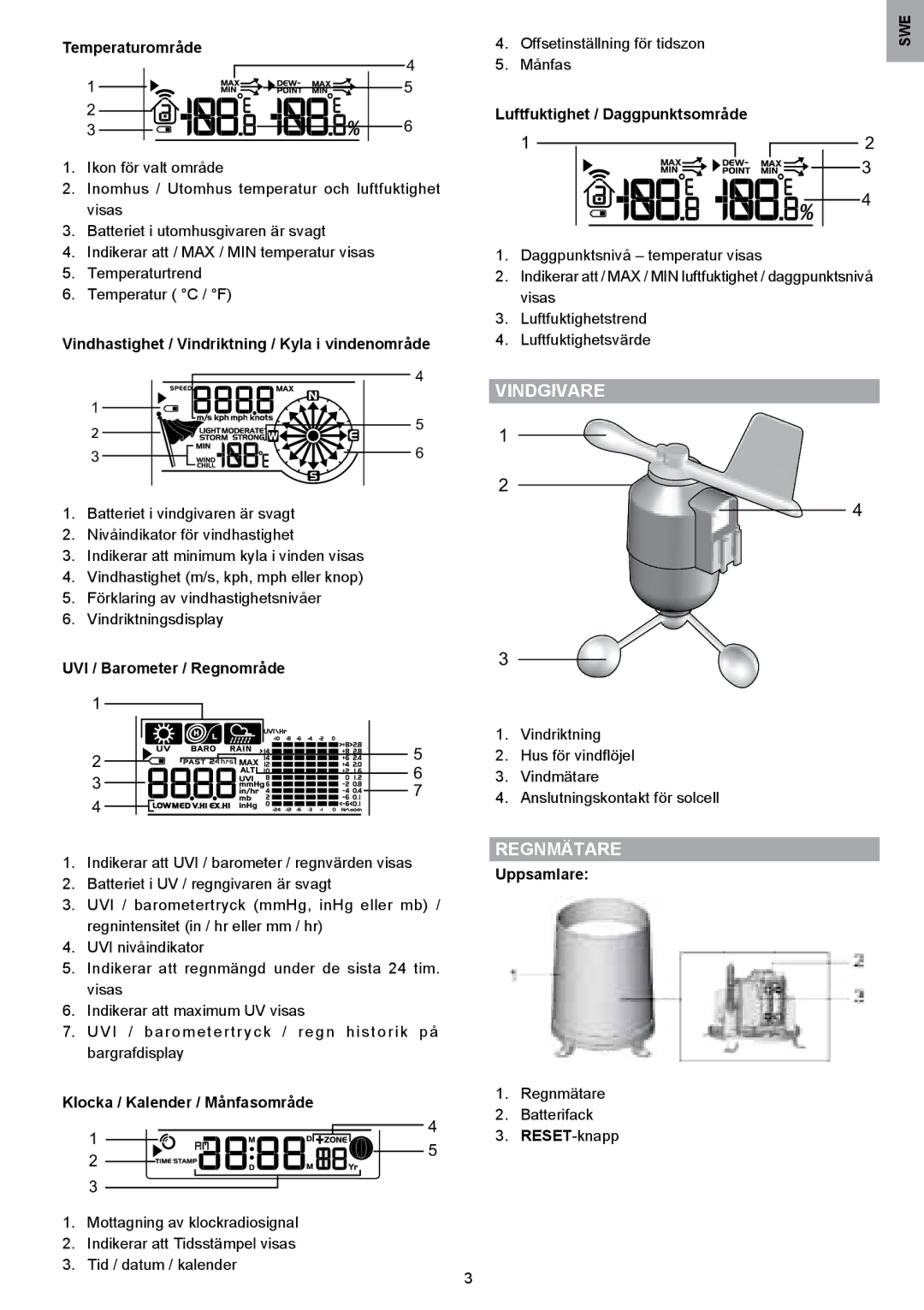 Oregon Scientific WMR80A user manual Temperaturområde, Vindhastighet / Vindriktning / Kyla i vindenområde 