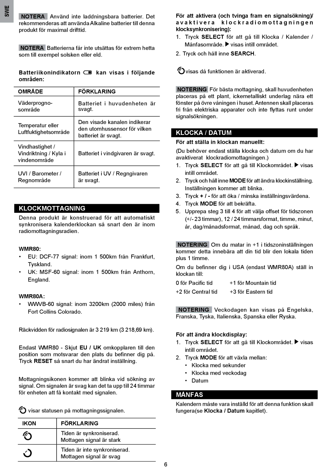 Oregon Scientific WMR80A user manual Klockmottagning, Klocka / Datum, Månfas, Område Förklaring, Ikon Förklaring 