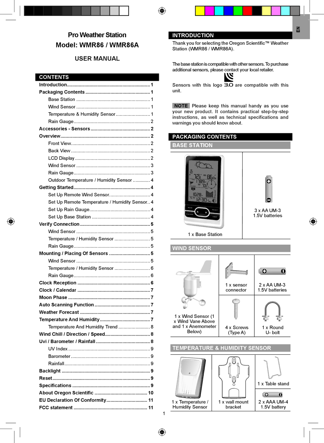 Oregon Scientific WMR86 user manual Packaging Contents Base Station, Wind Sensor, Temperature & Humidity Sensor 