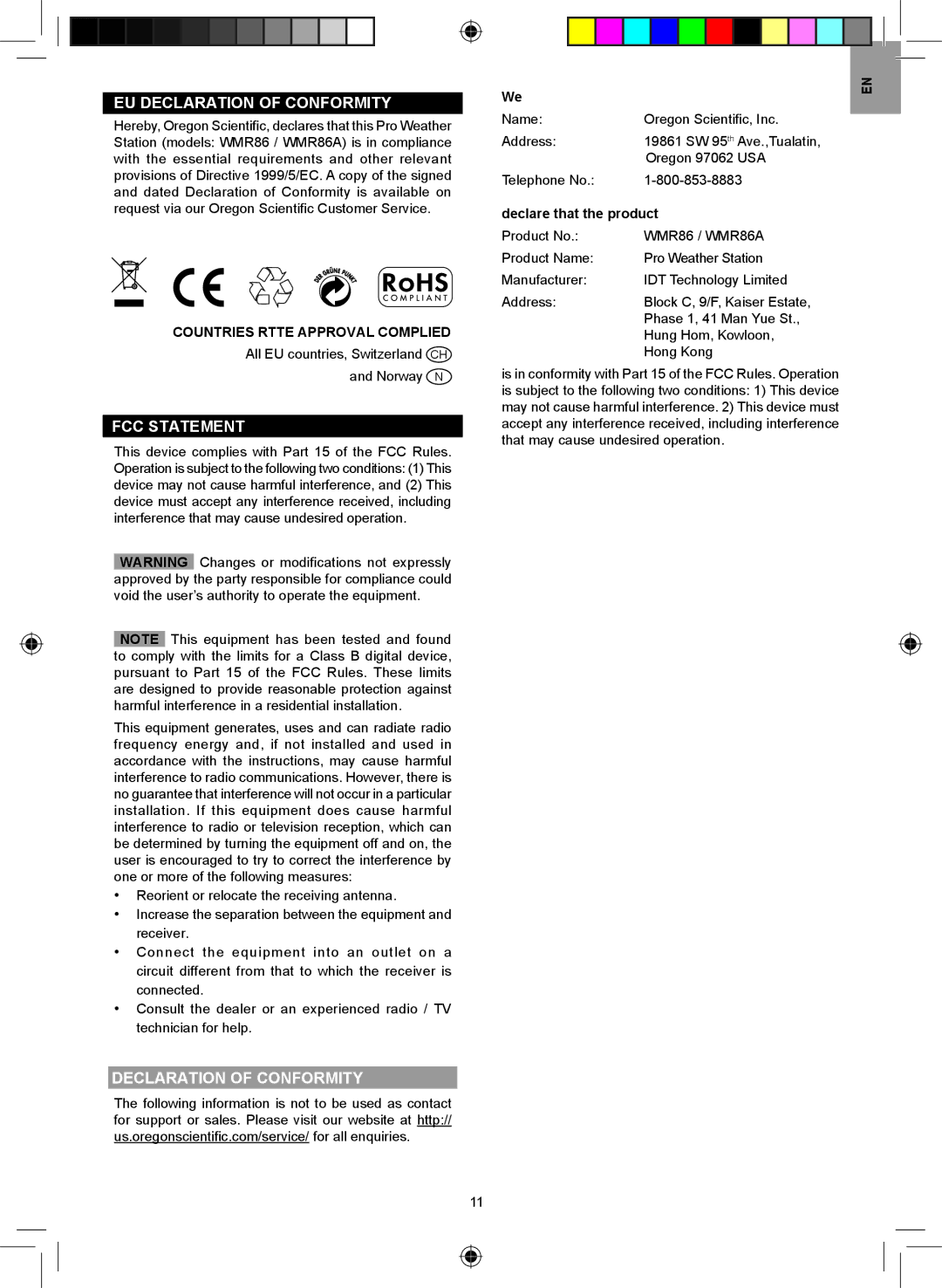 Oregon Scientific WMR86A user manual EU Declaration of Conformity, FCC Statement, Countries Rtte Approval Complied 