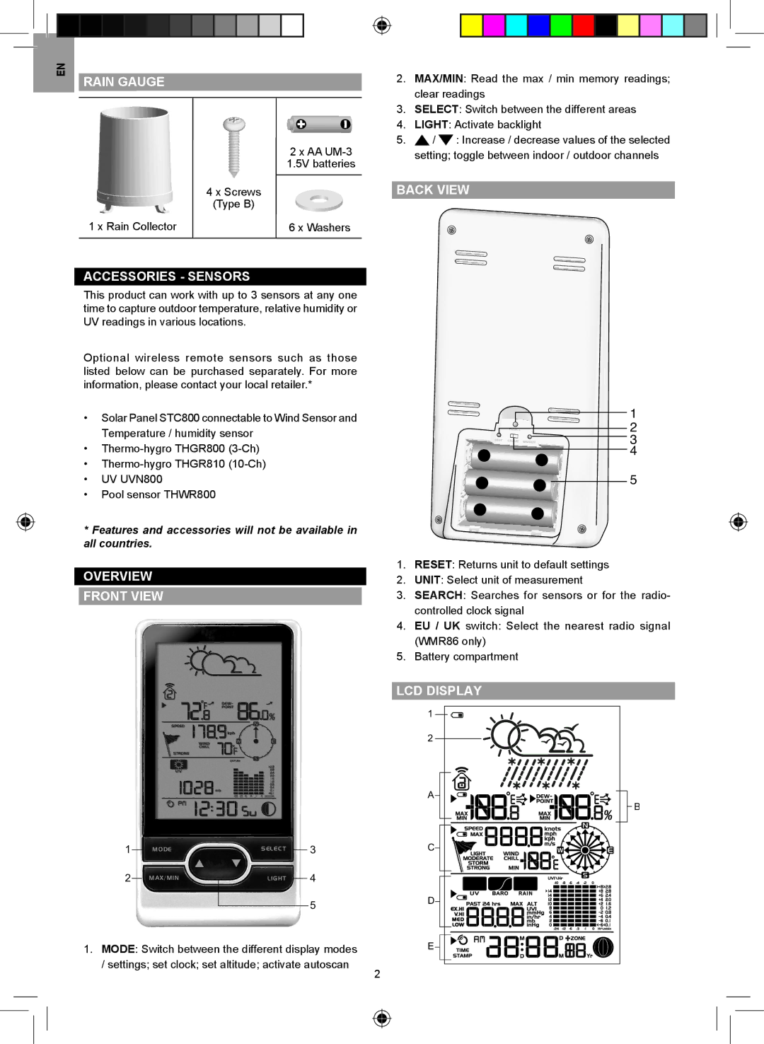 Oregon Scientific WMR86A user manual Rain Gauge, Accessories Sensors, Back View Overview Front View, LCD Display 