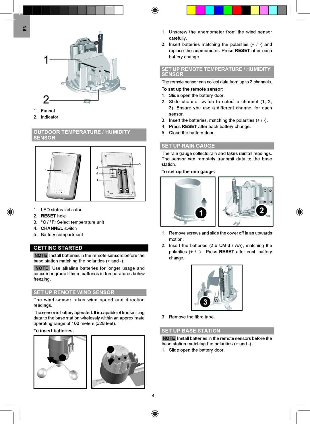 Oregon Scientific WMR86A user manual Outdoor Temperature / Humidity Sensor, Getting Started SET UP Remote Wind Sensor 