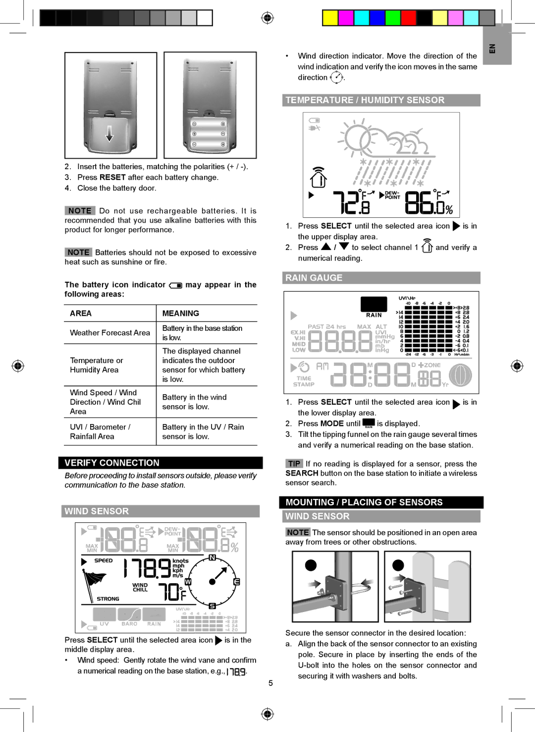 Oregon Scientific WMR86 Verify Connection, Temperature / Humidity Sensor, Mounting / Placing of Sensors Wind Sensor 