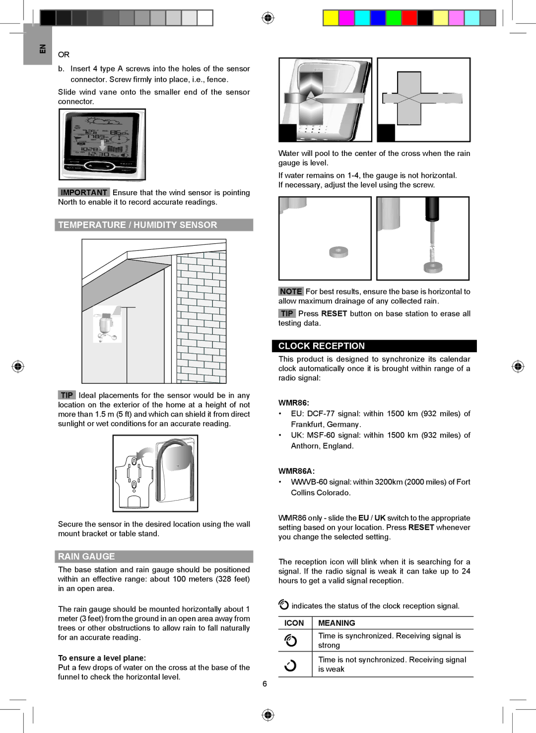 Oregon Scientific WMR86A user manual Clock Reception, To ensure a level plane, Icon Meaning 