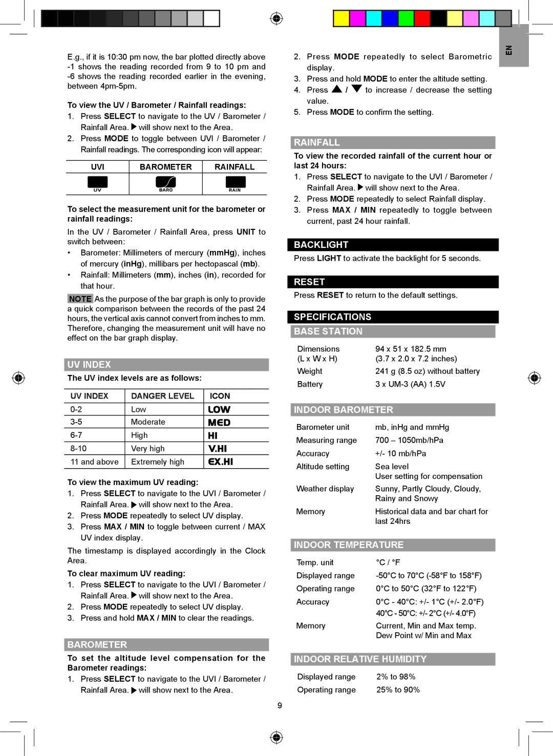 Oregon Scientific WMR86A UV Index, Rainfall, Backlight, Reset, Specifications Base Station, Indoor Barometer 