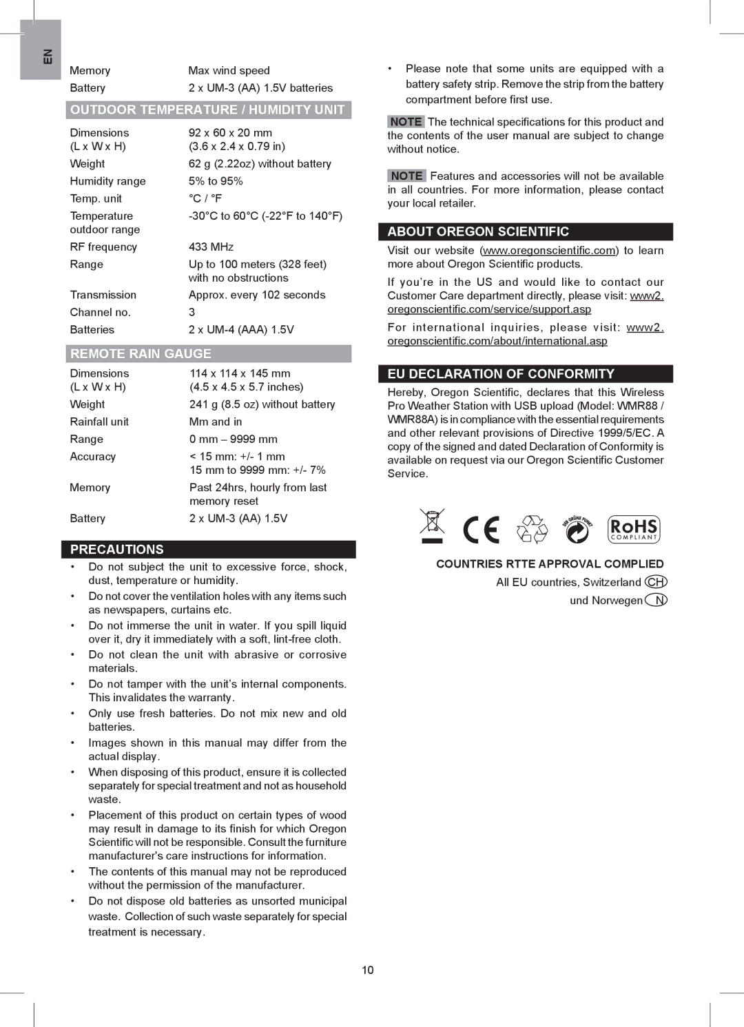Oregon Scientific WMR88 user manual Outdoor Temperature / Humidity Unit, Remote Rain Gauge, Precautions 