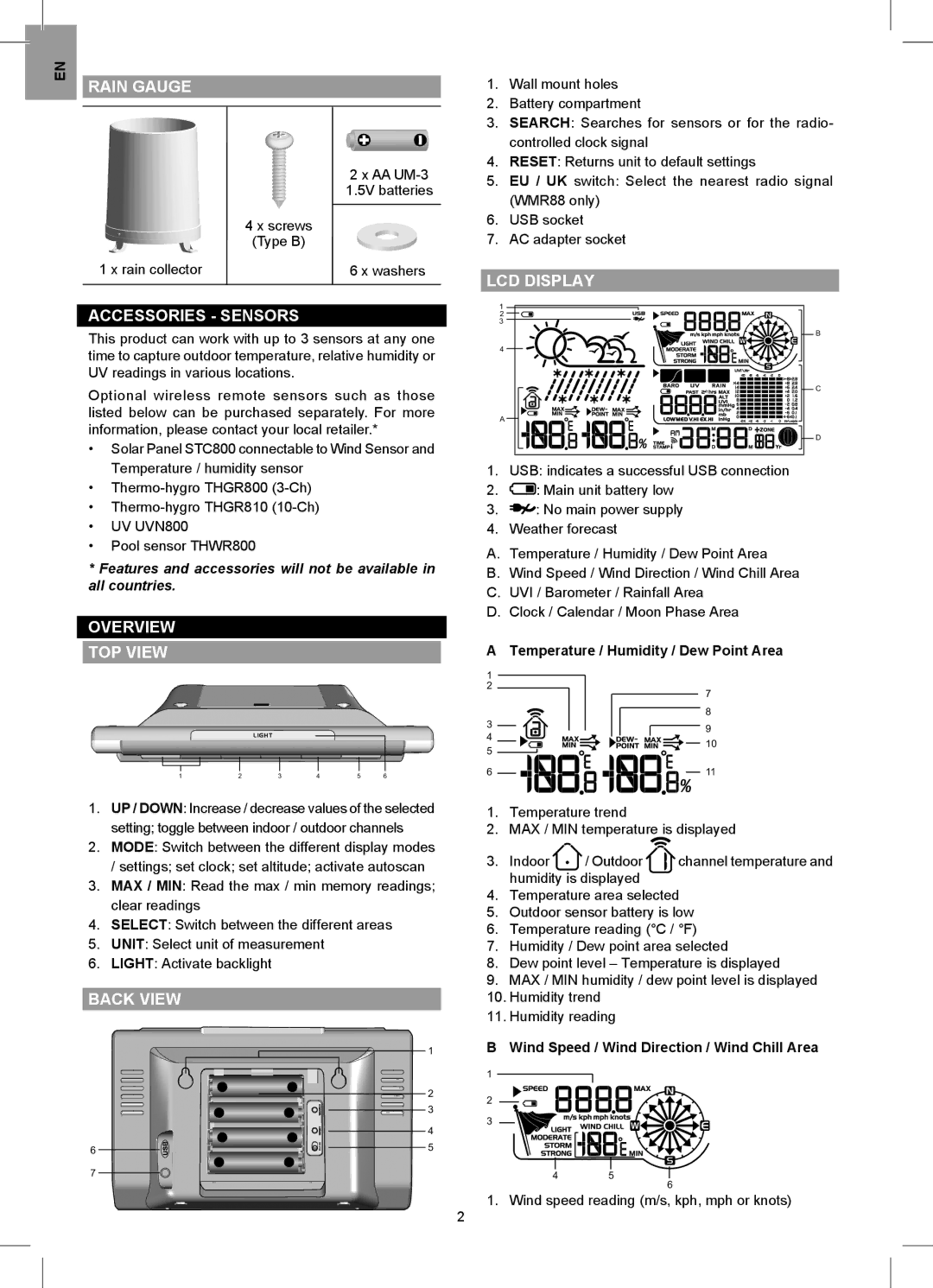 Oregon Scientific WMR88 user manual Rain Gauge, Accessories Sensors, Overview TOP View, Back View, LCD Display 