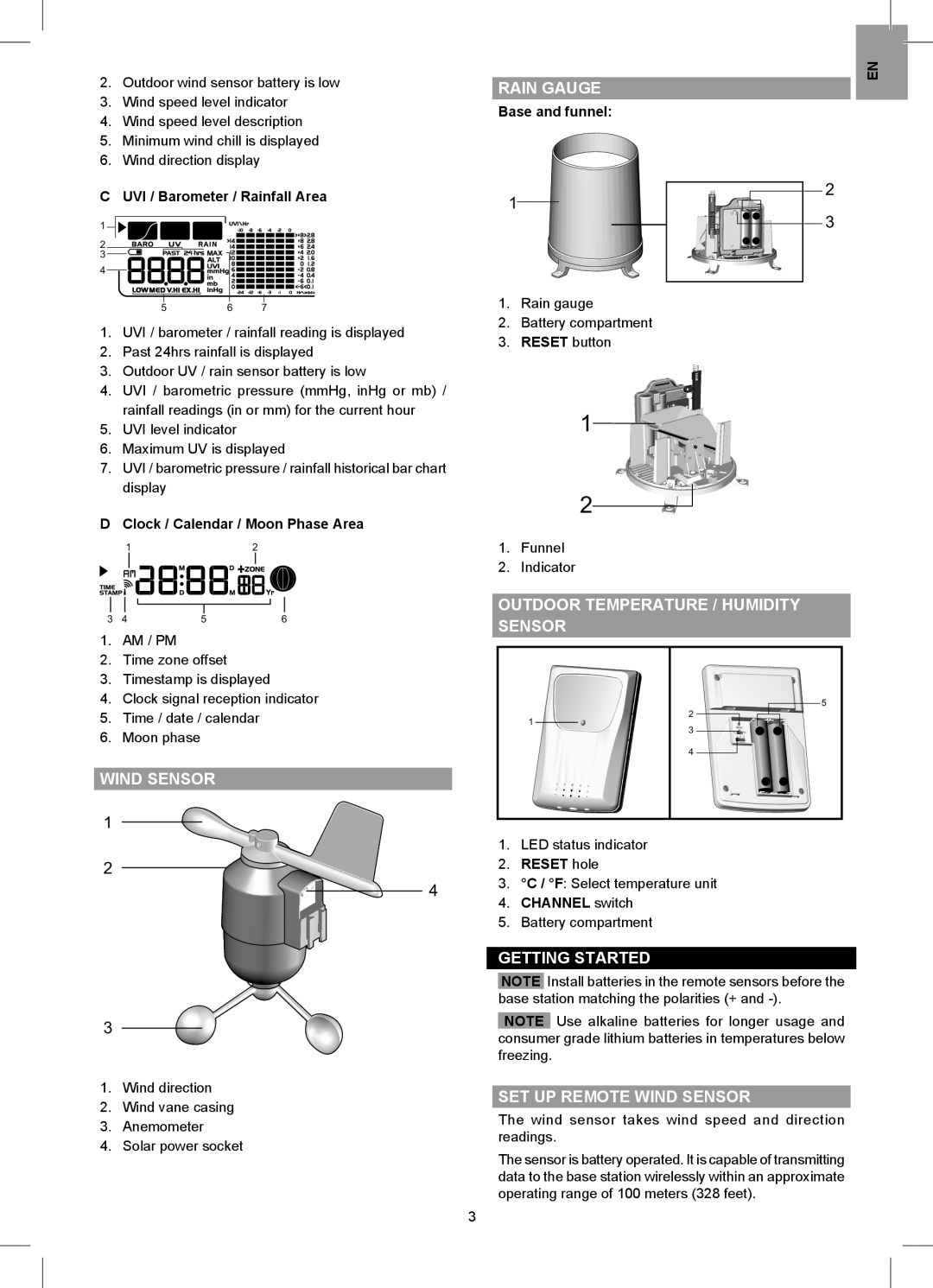 Oregon Scientific WMR88 user manual Outdoor Temperature / Humidity Sensor, Getting Started SET UP Remote Wind Sensor 