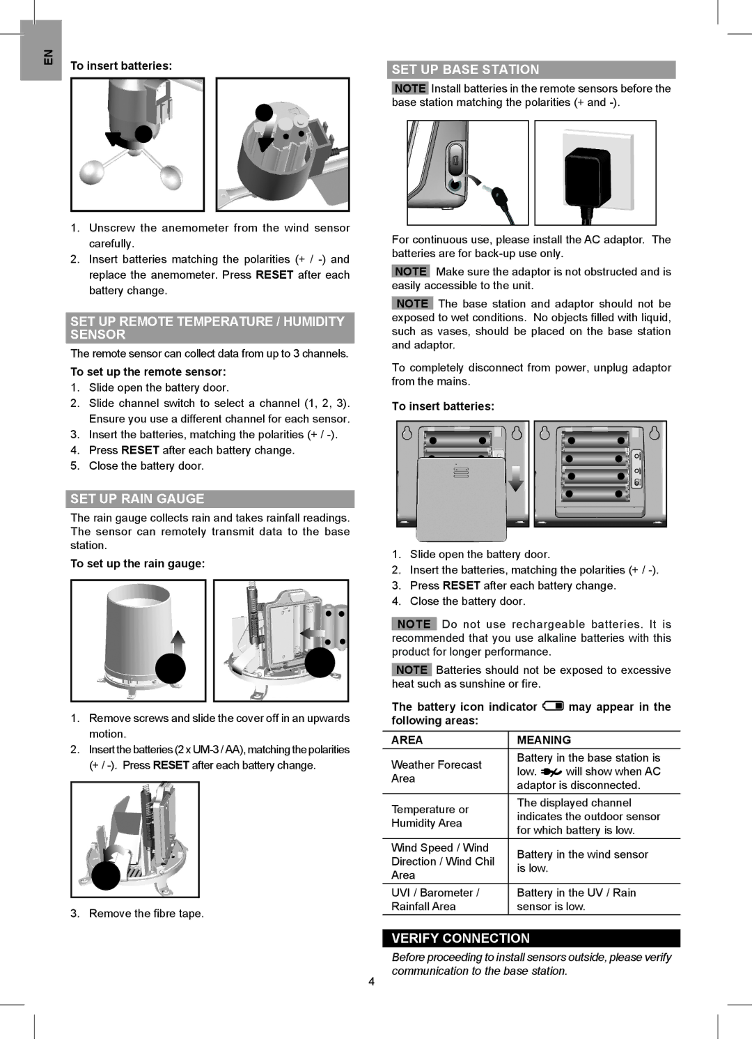 Oregon Scientific WMR88 SET UP Base Station, SET UP Remote Temperature / Humidity Sensor, SET UP Rain Gauge, Area Meaning 