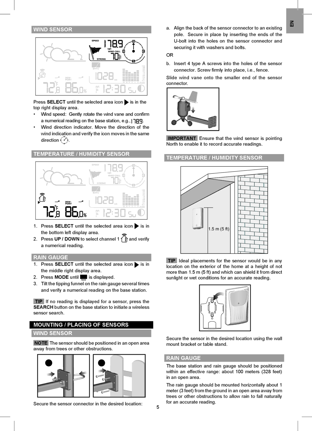 Oregon Scientific WMR88 user manual Temperature / Humidity Sensor, Mounting / Placing of Sensors Wind Sensor 