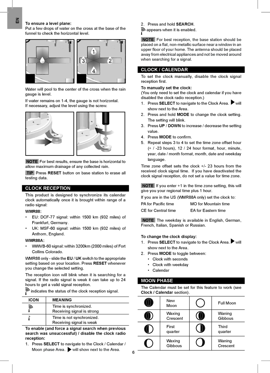 Oregon Scientific user manual Clock Reception, Clock / Calendar, Moon Phase, WMR88A, Icon Meaning 