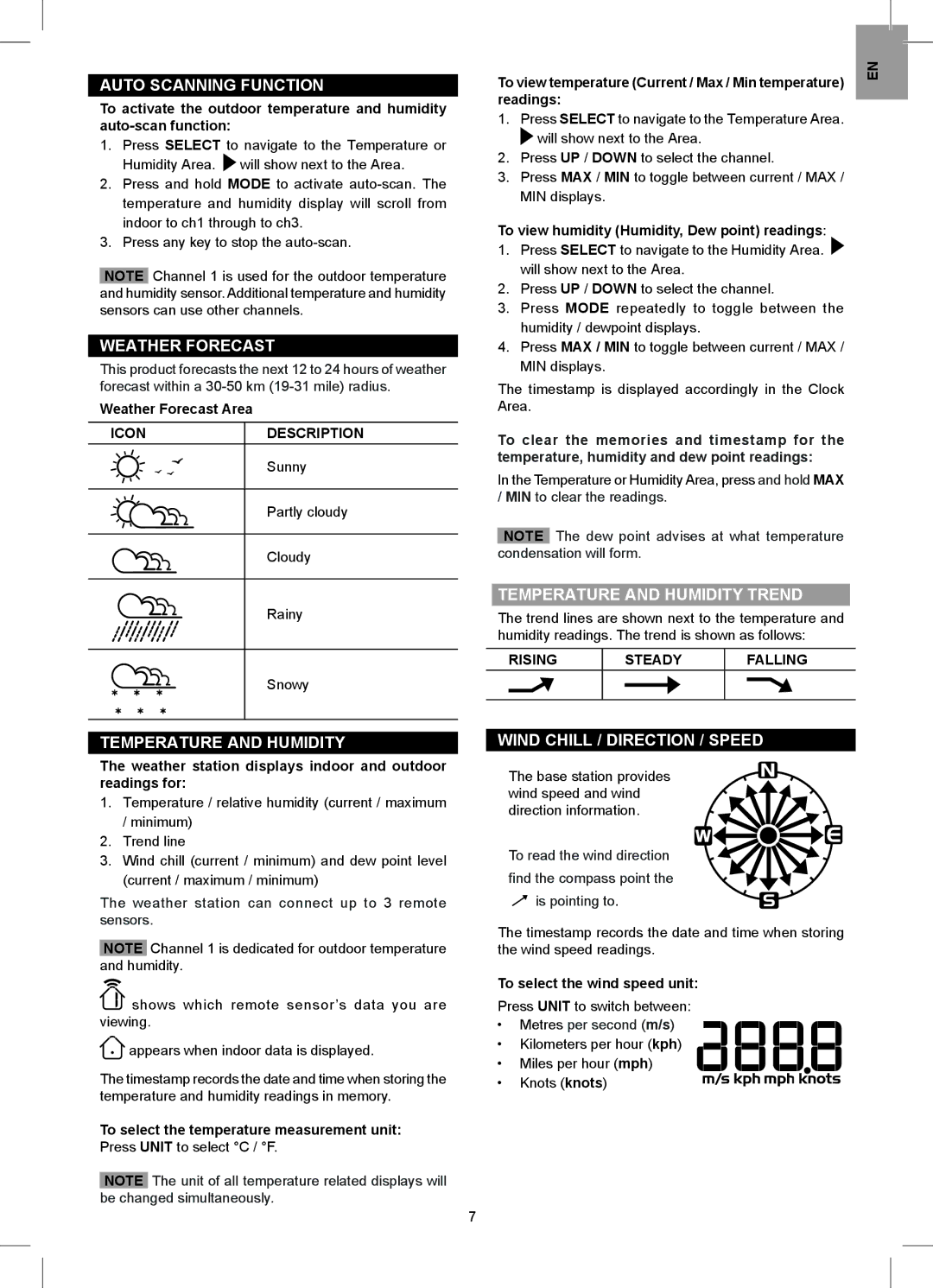 Oregon Scientific WMR88 user manual Auto Scanning Function, Weather Forecast, Temperature and Humidity Trend 