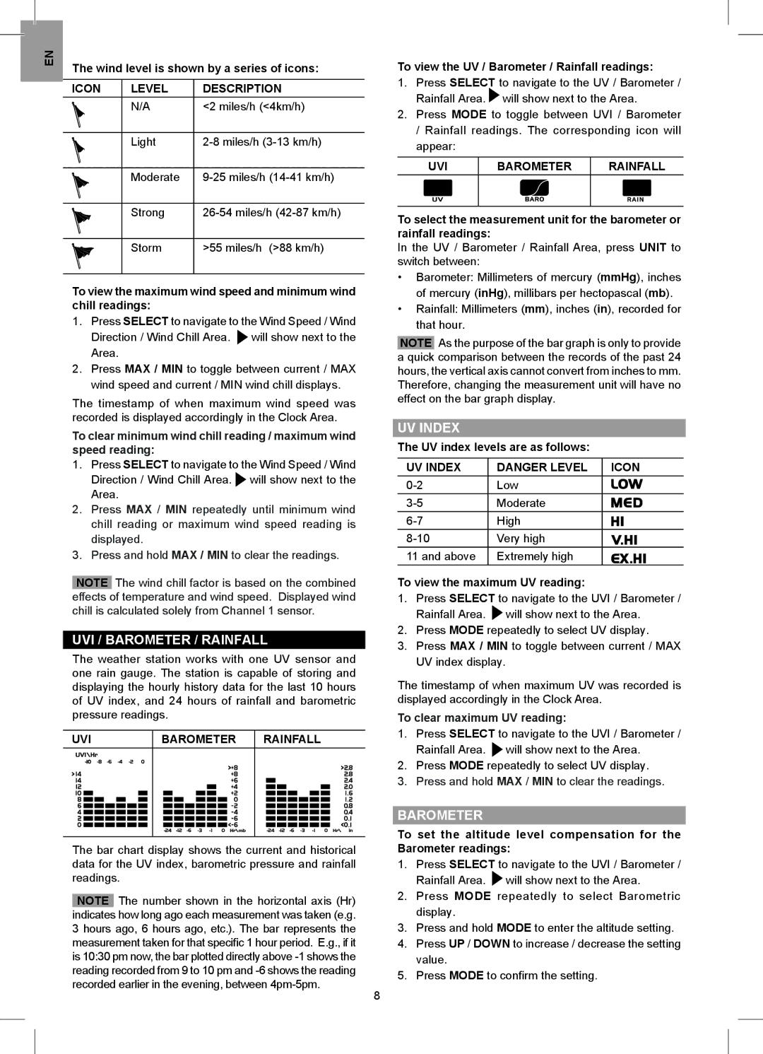 Oregon Scientific WMR88 user manual UVI / Barometer / Rainfall, UV Index 