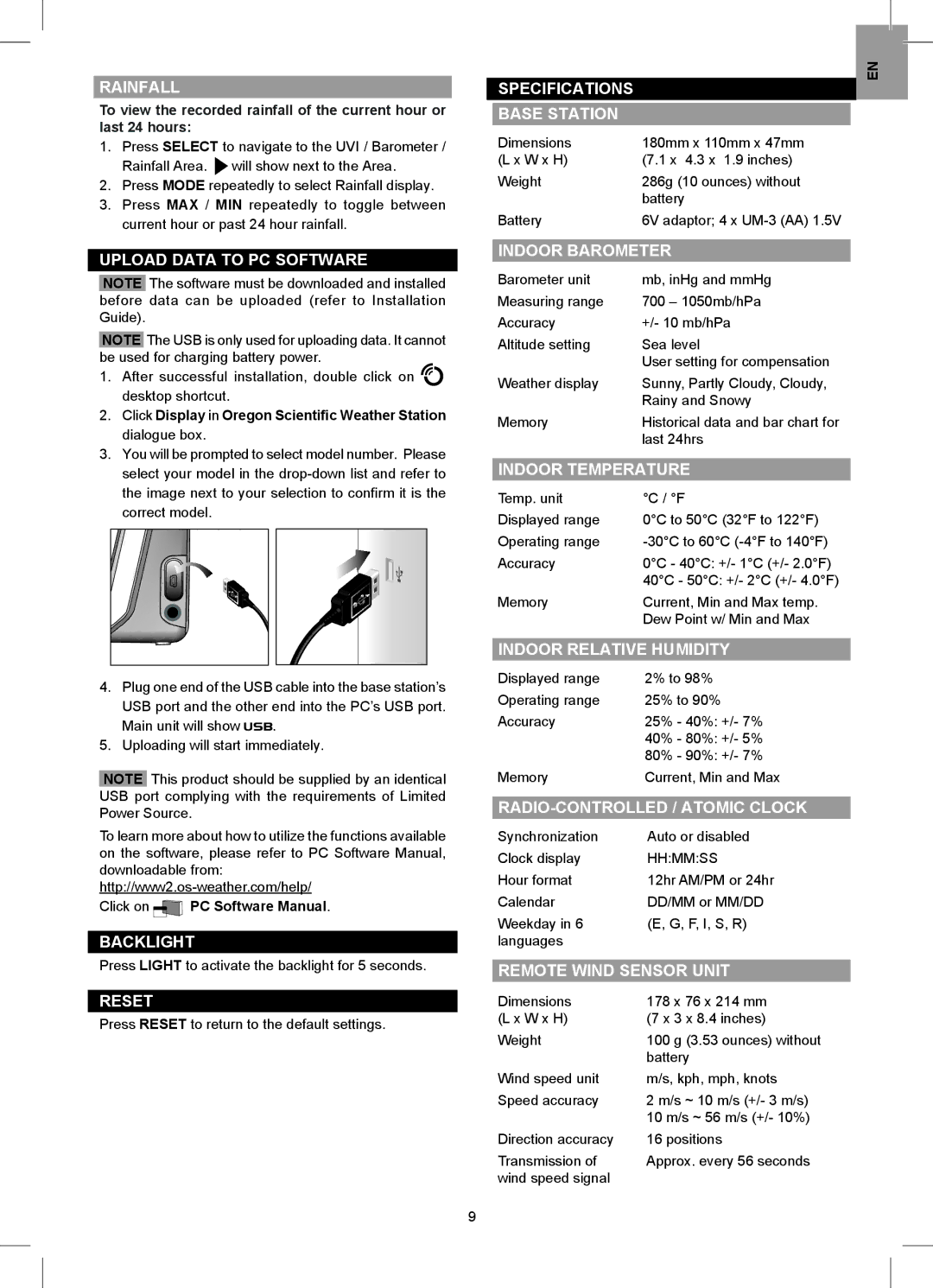 Oregon Scientific WMR88 user manual Rainfall, Upload Data to PC Software, Backlight, Reset, Specifications Base Station 