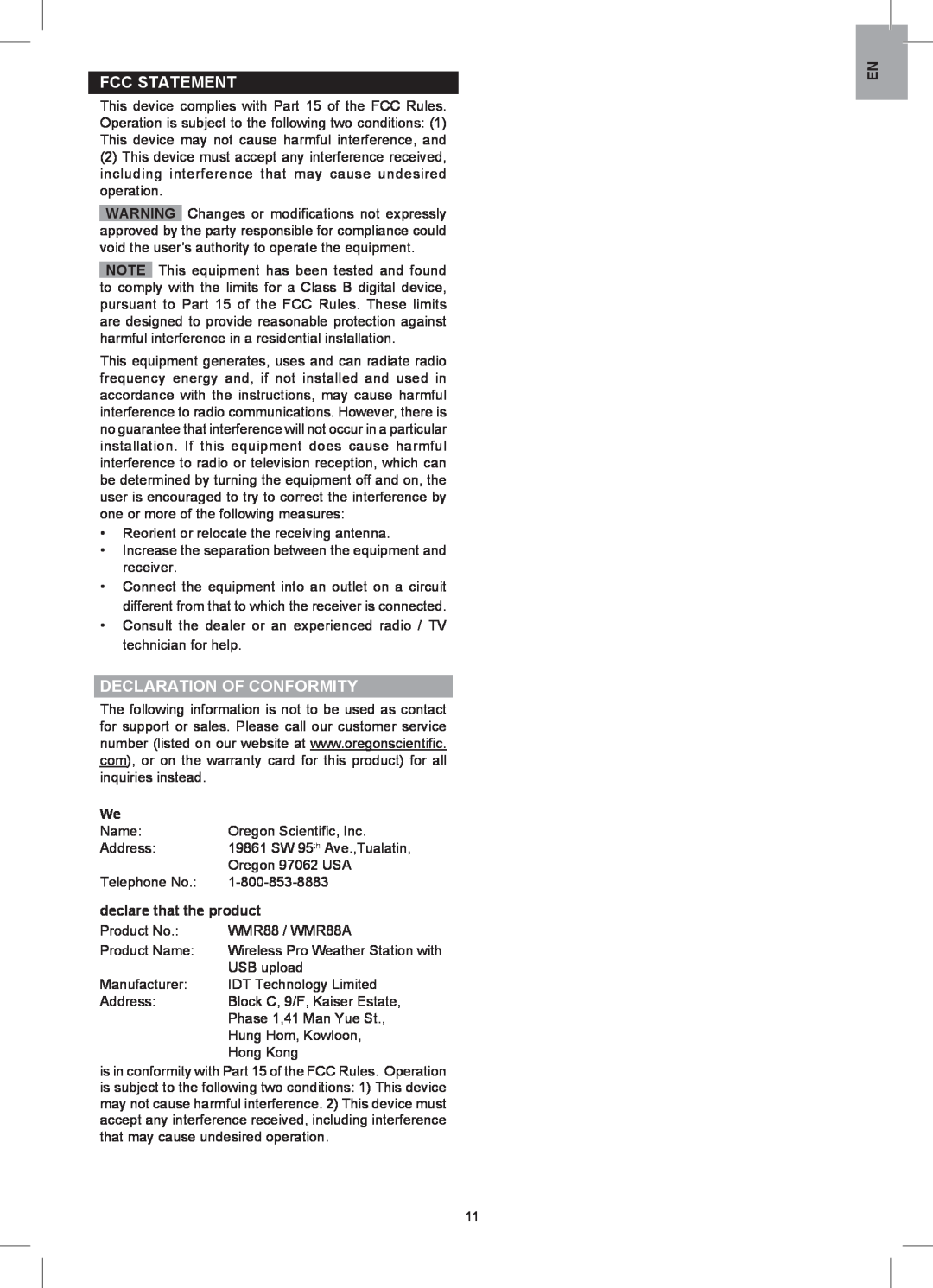 Oregon Scientific WMR88 user manual Fcc Statement, Declaration Of Conformity 