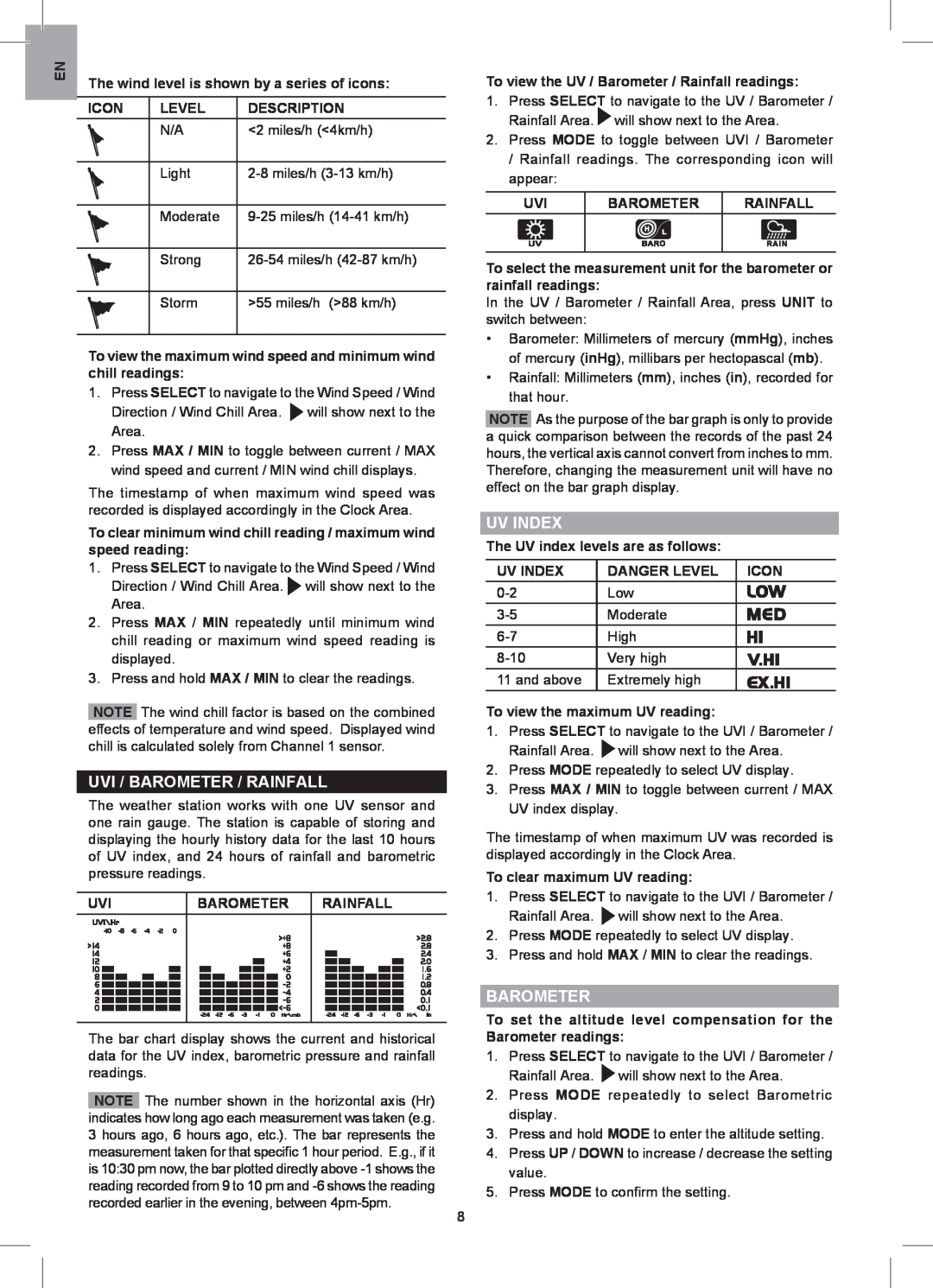 Oregon Scientific WMR88 user manual Uvi / Barometer / Rainfall, Uv Index 
