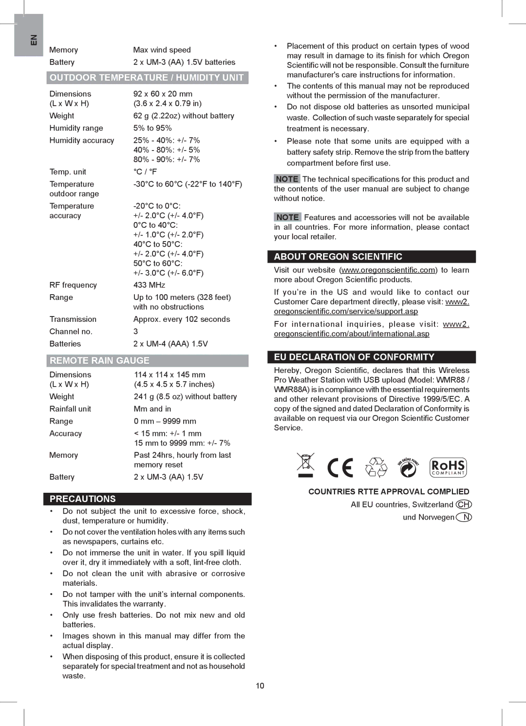 Oregon Scientific WMR88A user manual Outdoor Temperature / Humidity Unit, Remote Rain Gauge, Precautions 