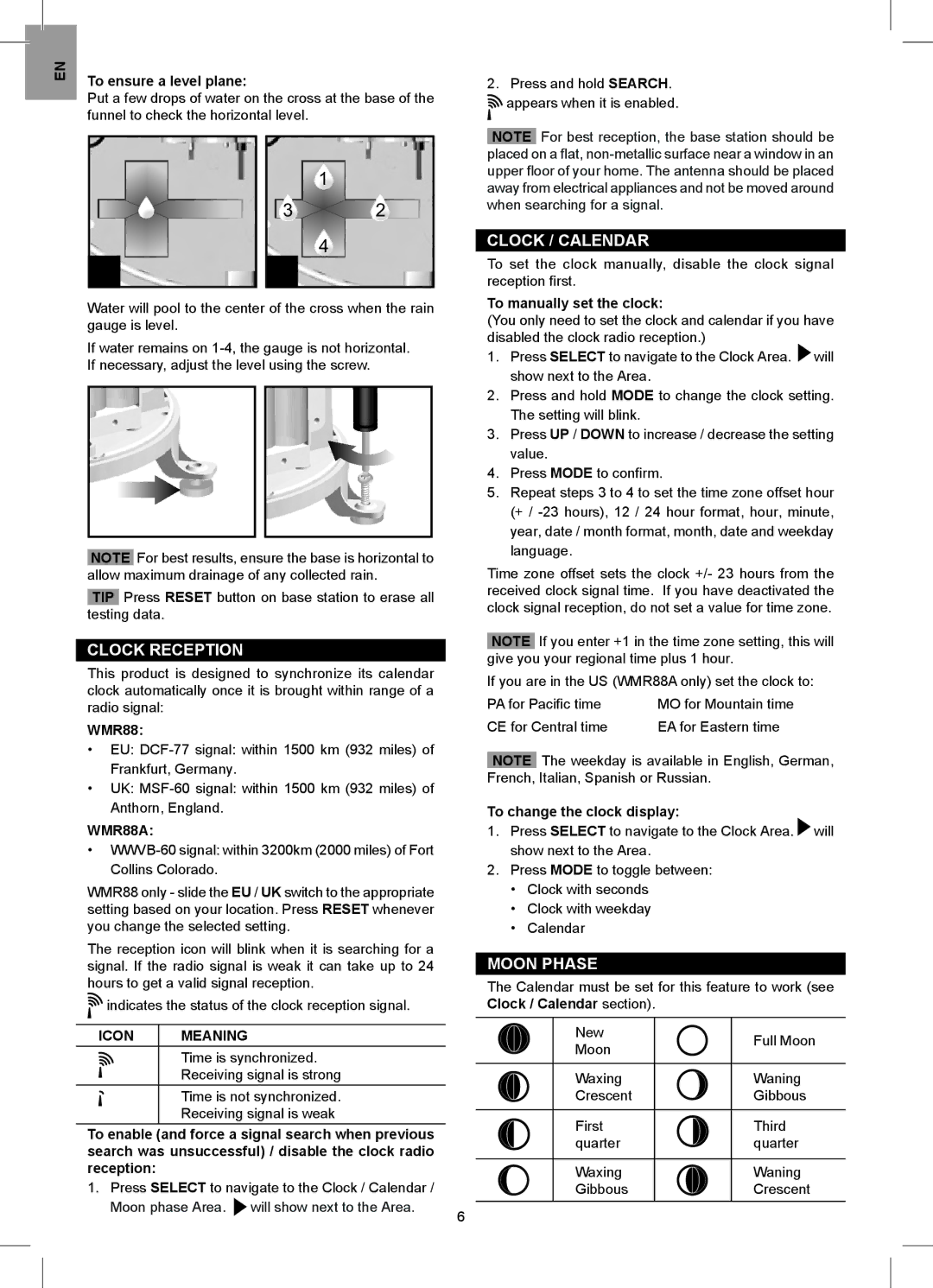 Oregon Scientific WMR88A user manual Clock Reception, Clock / Calendar, Moon Phase, Icon Meaning 