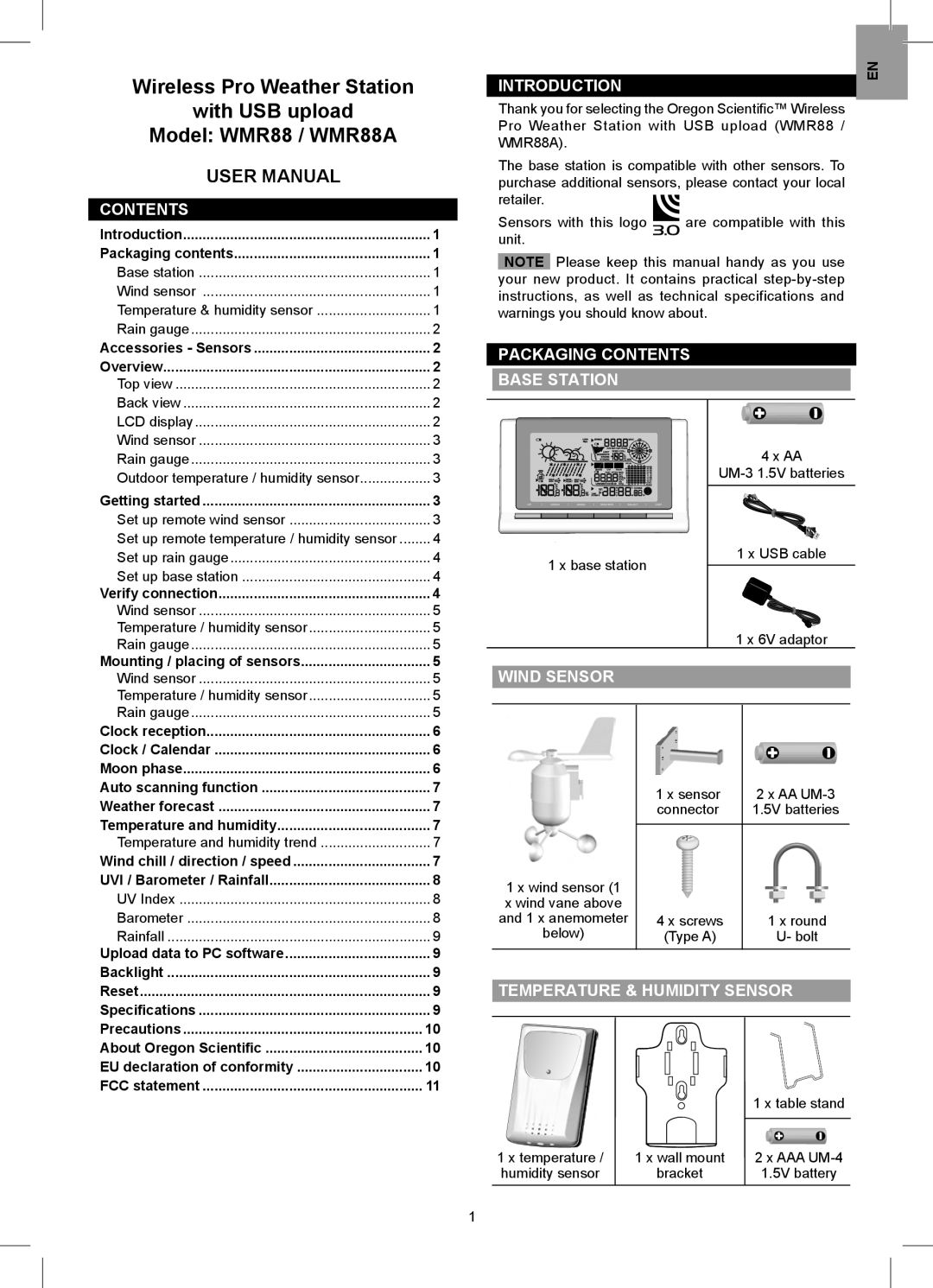 Oregon Scientific WMR88A user manual Introduction, Packaging Contents Base Station, Wind Sensor 