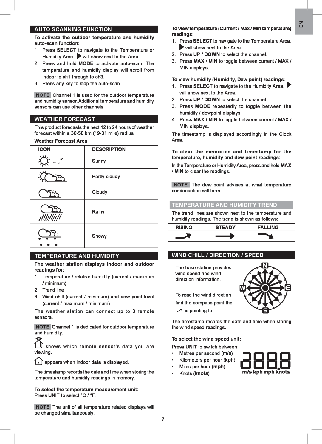 Oregon Scientific WMR88A user manual Auto Scanning Function, Weather Forecast, Temperature And Humidity 