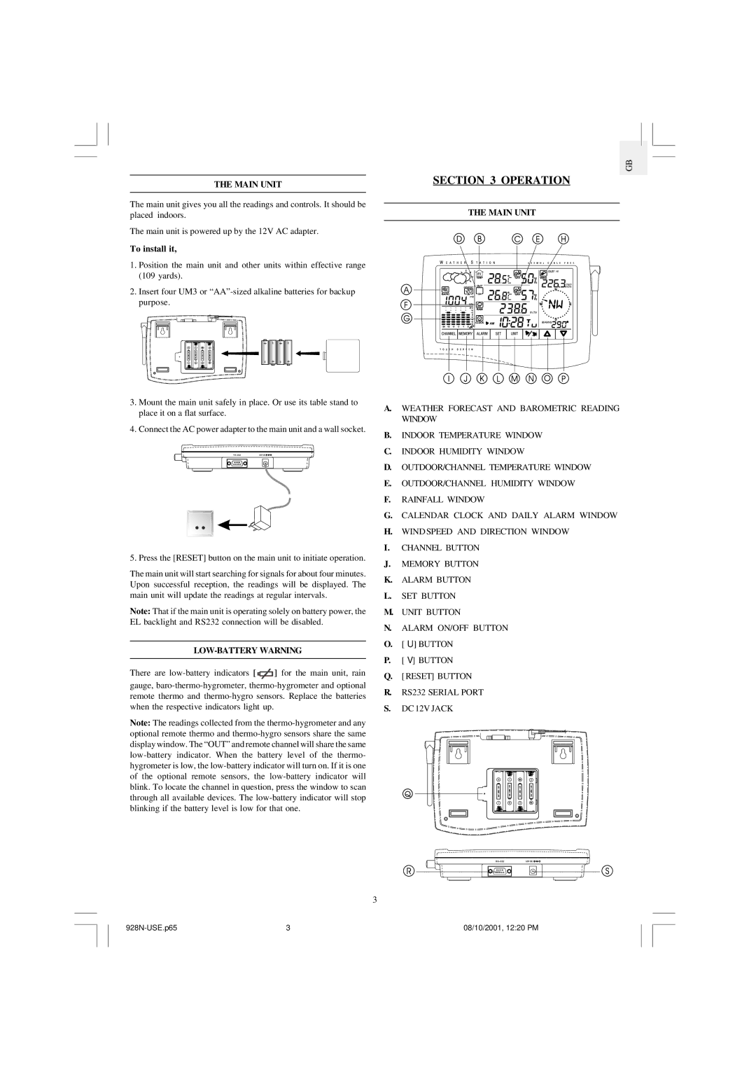 Oregon Scientific WMR968 user manual Main Unit, LOW-BATTERY Warning 