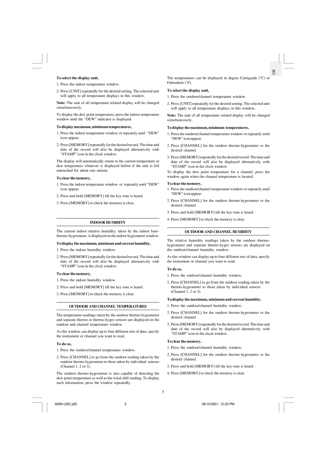 Oregon Scientific WMR968 user manual Indoor Humidity, Outdoor and Channel Humidity, Outdoor and Channel Temperatures 