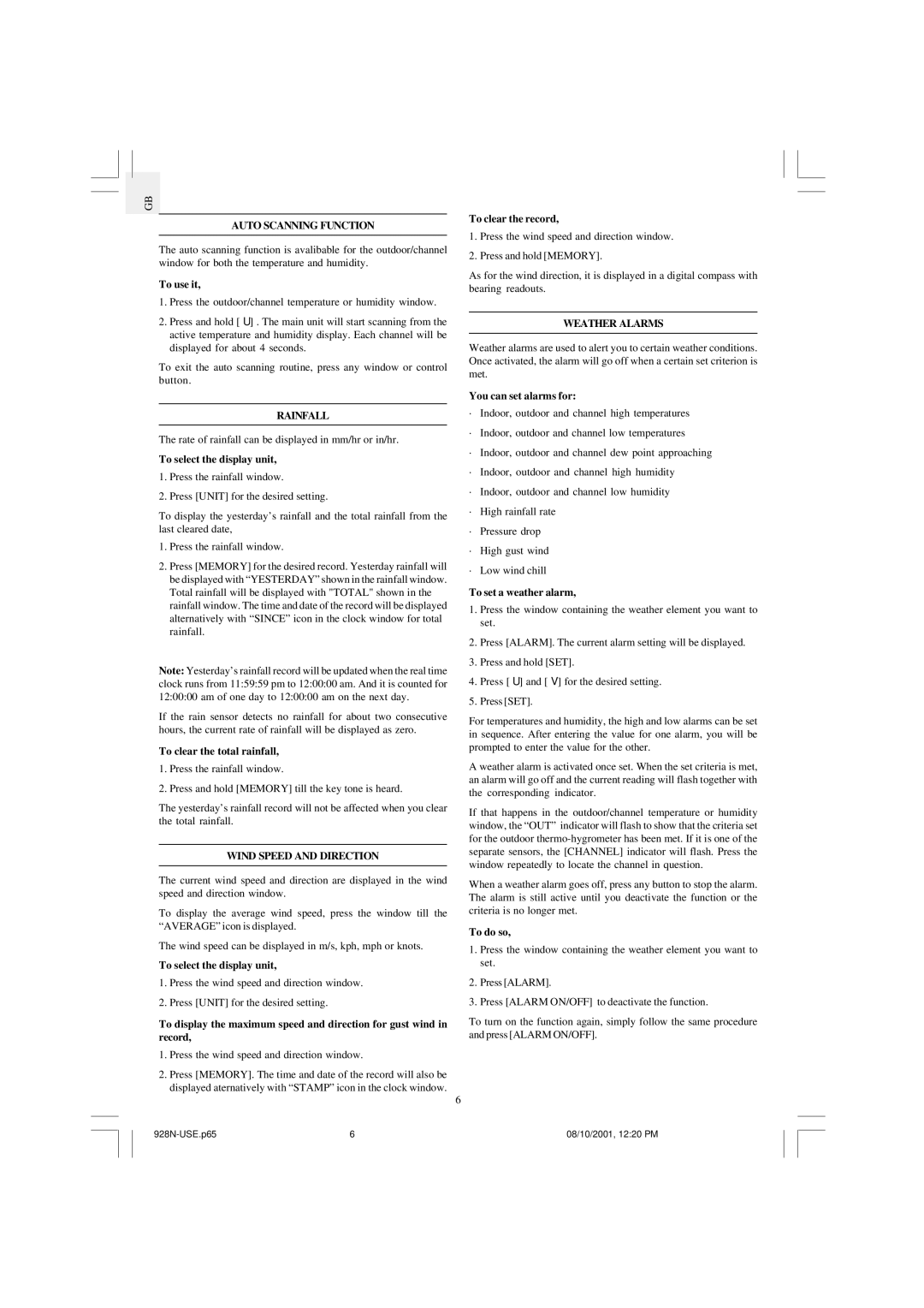 Oregon Scientific WMR968 user manual Auto Scanning Function, Rainfall, Wind Speed and Direction Weather Alarms 