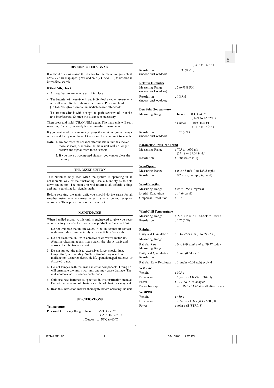 Oregon Scientific WMR968 user manual Disconnected Signals, Reset Button, Maintenance, Specifications 