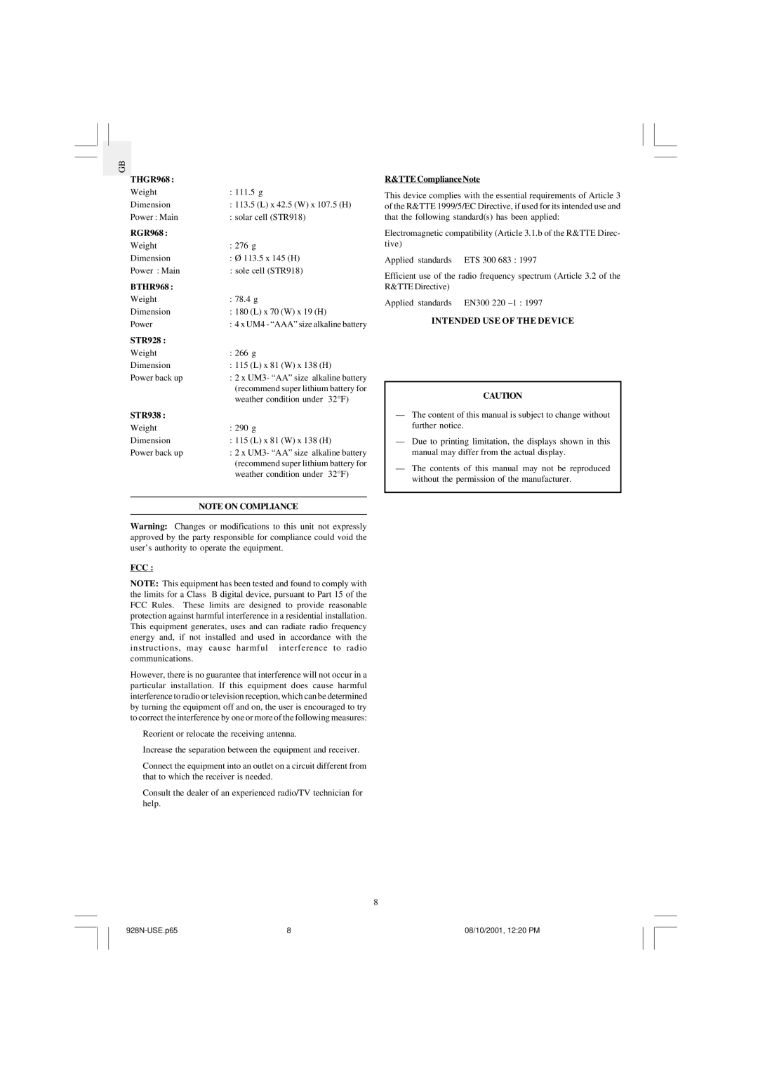 Oregon Scientific WMR968 user manual Fcc, Intended USE of the Device 