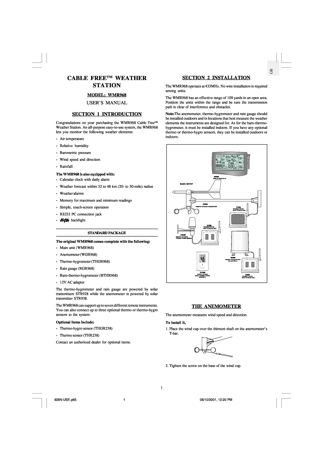 Oregon Scientific user manual Introduction, Installation, The Anemometer, MODEL WMR968, Cable Freetm Weather Station 