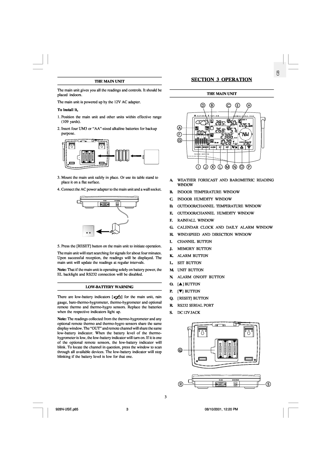 Oregon Scientific WMR968 user manual Operation, The Main Unit, To install it, Low-Batterywarning 