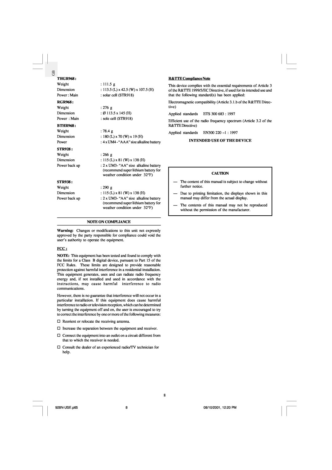Oregon Scientific WMR968 user manual THGR968, RGR968, BTHR968, STR928, STR938, Note On Compliance, R&TTE Compliance Note 