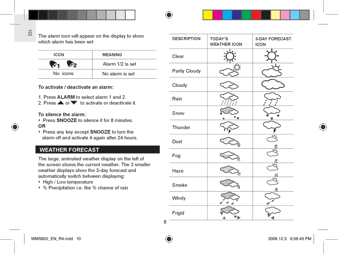 Oregon Scientific WMS802 user manual Weather Forecast, To activate / deactivate an alarm, To silence the alarm 