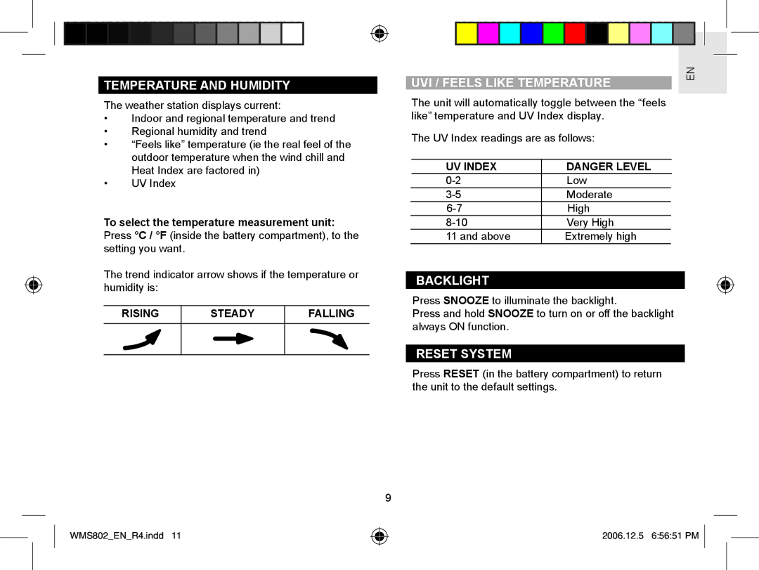 Oregon Scientific WMS802 user manual Temperature and Humidity, UVI / Feels Like Temperature, Backlight, Reset System 