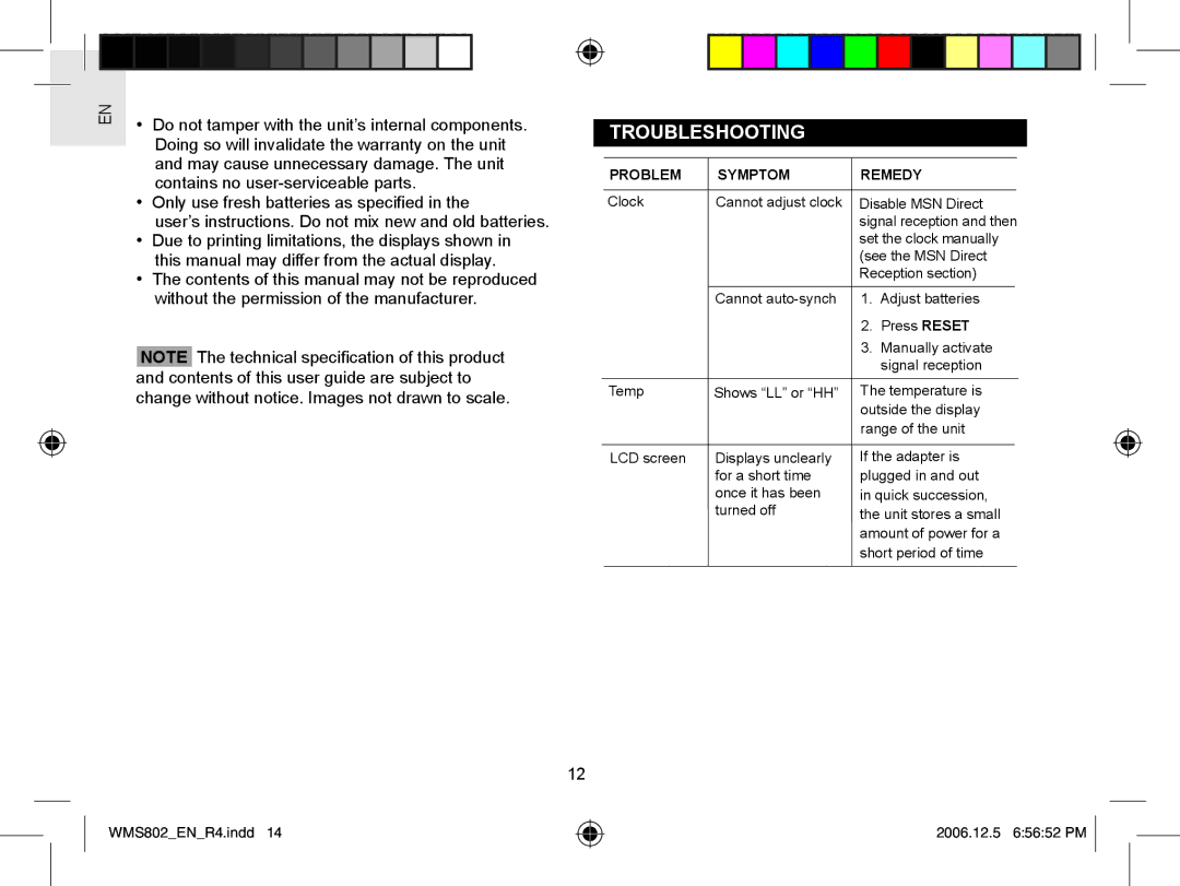 Oregon Scientific WMS802 user manual Troubleshooting, Problem Symptom Remedy 