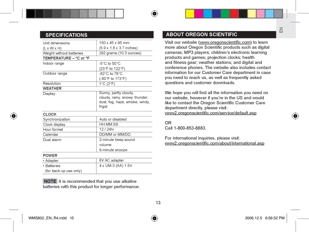 Oregon Scientific WMS802 user manual Specifications, About Oregon Scientific 