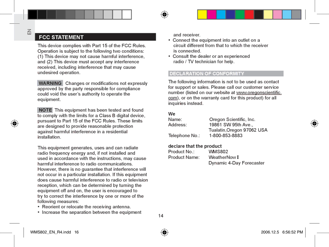 Oregon Scientific WMS802 user manual FCC Statement, Declaration of Conformity, Declare that the product 